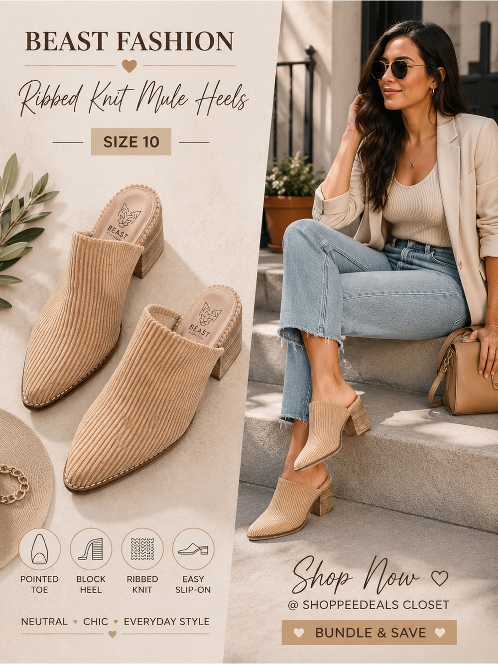Beast Fashion Ribbed Knit Mule Heels Size 10 Beige Pointed Toe Block Heel